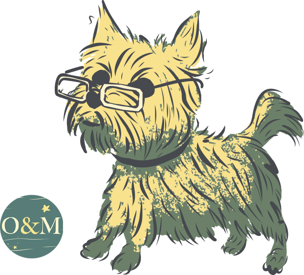 A stylized image of a puppy wearing reading glasses.